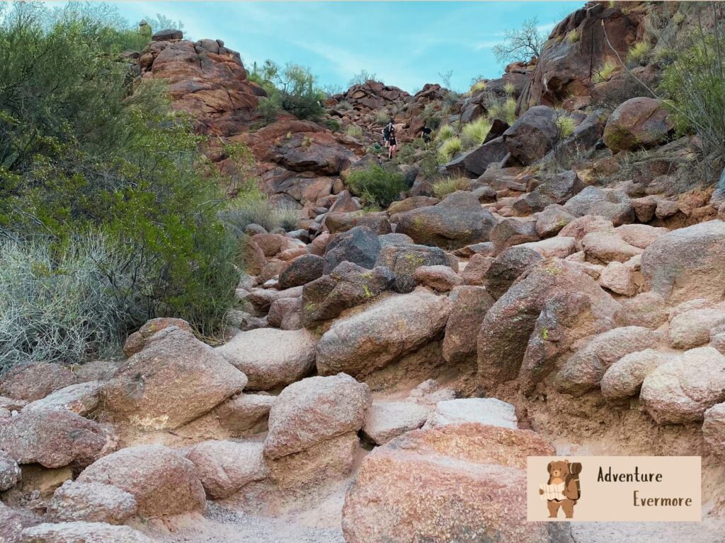 The steep and rocky terrain of the Echo Canyon trail can make this trail harder. 